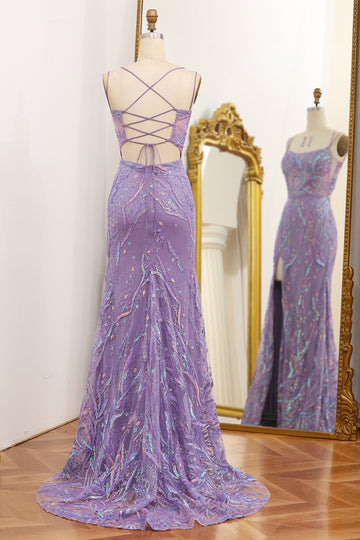 Mermaid Lace-Up Back Lilac Sequins Prom Dress with Slit